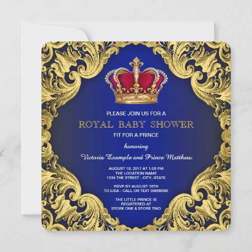 Royal Prince Baby Shower Invitation Blue and Gold Little 