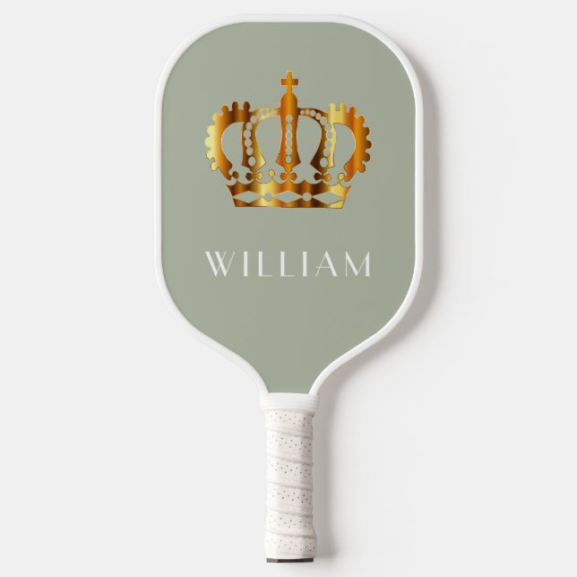 Royal Faux Gold Crown Sage Green Customized Name Pickleball Paddle (Front)