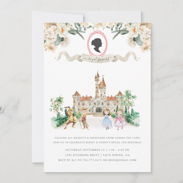 Royal Fiveness | Twins Fairy Tale Birthday Invitation (Front)