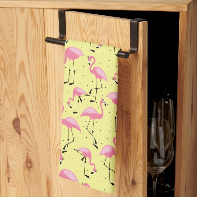 Royal Flamingoes on Yellow Kitchen Towel (Thirds Fold)