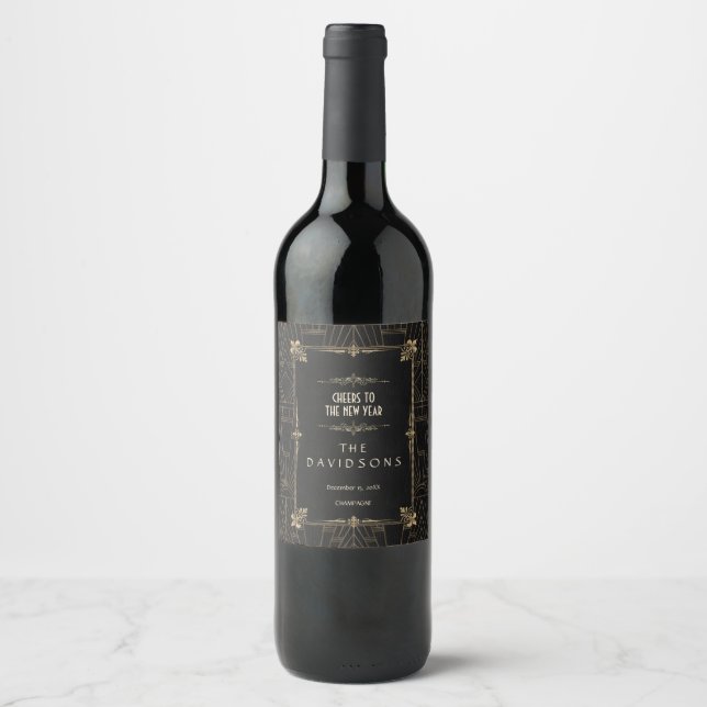 Royal Fleur-de-Lis Art Deco Cheers To The New Year Wine Label (Front)