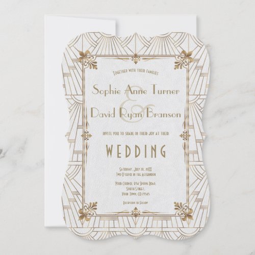 Royal Fleur_de_Lis Art Deco Gold White 20s Wedding Invitation