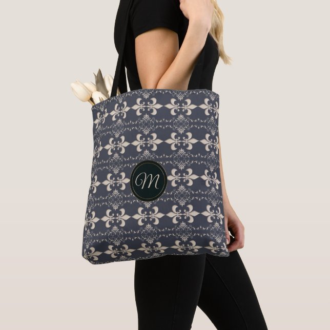 Royal fleur-de-lis navy pattern.monogram. tote bag (Close Up)