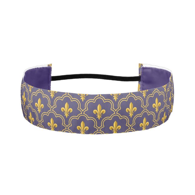 Royal Fleur-de-Lis Purple and Gold Pattern Athletic Headband (Front)