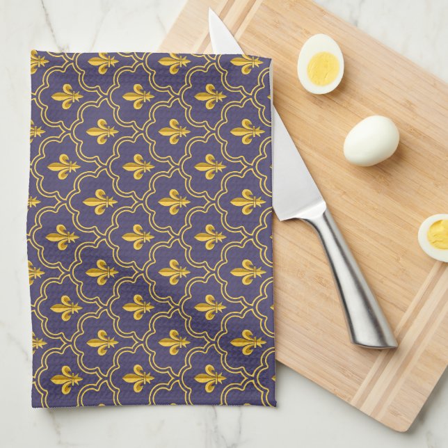 Royal Fleur-de-Lis Purple and Gold Pattern Kitchen Towel (Quarter Fold)