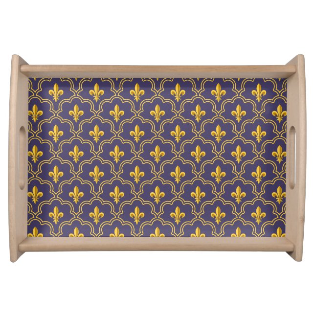 Royal Fleur-de-Lis Purple and Gold Pattern Serving Tray (Front)