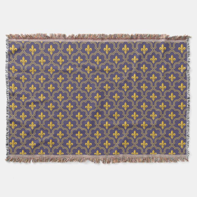 Royal Fleur-de-Lis Purple and Gold Pattern Throw Blanket (Front)