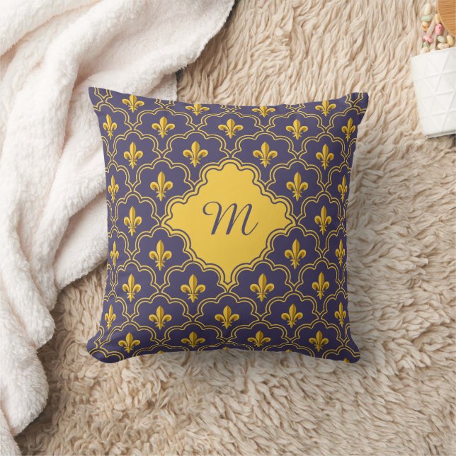 Royal Fleur-de-Lis Purple and Gold Pattern Throw Pillow (Blanket)