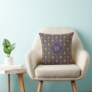 Royal Fleur-de-Lis Purple and Gold Pattern Throw Pillow
