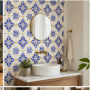 Royal Fleur Elegant Blue and Gold Botanical Mosaic Ceramic Tile