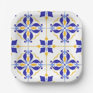 Royal Fleur Elegant Blue and Gold Botanical Mosaic Paper Plates