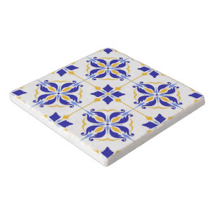 Royal Fleur Elegant Blue and Gold Botanical Mosaic Trivet