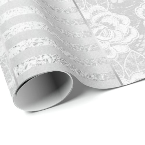 Royal Floral Roses Silver White Lace Stripes Wrapping Paper