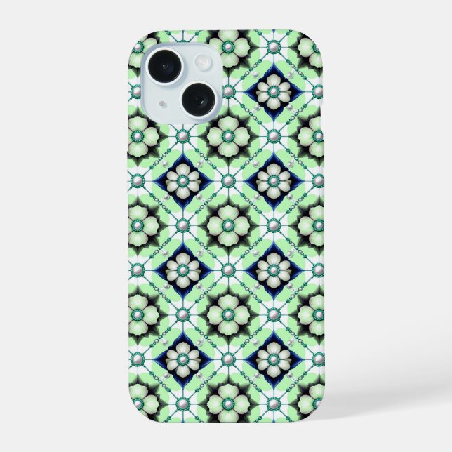 Royal Floral Tile Luxe ✨ Blue Green Bead Elegant iPhone 15 Case (Back)