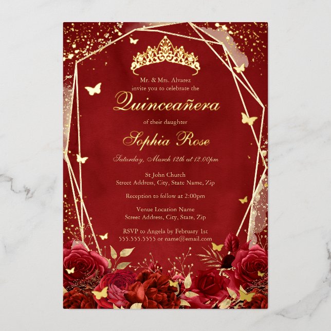 Royal Flower gold Red Tiara Quinceanera  Foil Invitation (Front)