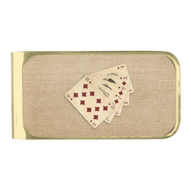 Royal Flush Diamonds on Burlap Background Gold Finish Money Clip (Front)