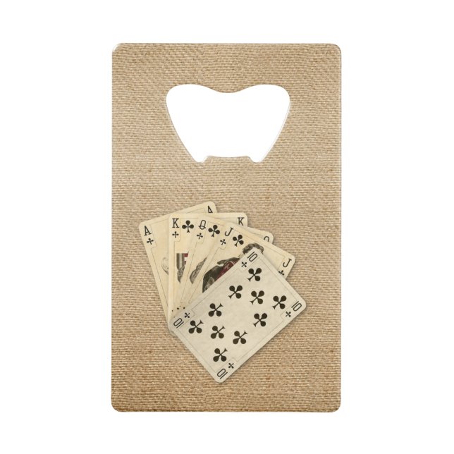 Royal Flush Spades on Burlap Background Credit Card Bottle Opener (Front)