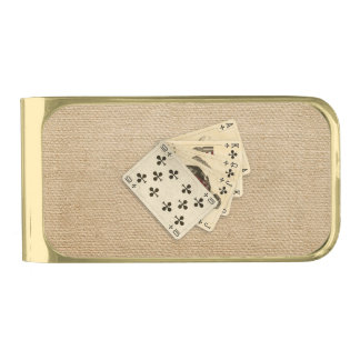 Royal Flush Spades on Burlap Background Gold Finish Money Clip