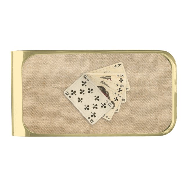 Royal Flush Spades on Burlap Background Gold Finish Money Clip (Front)