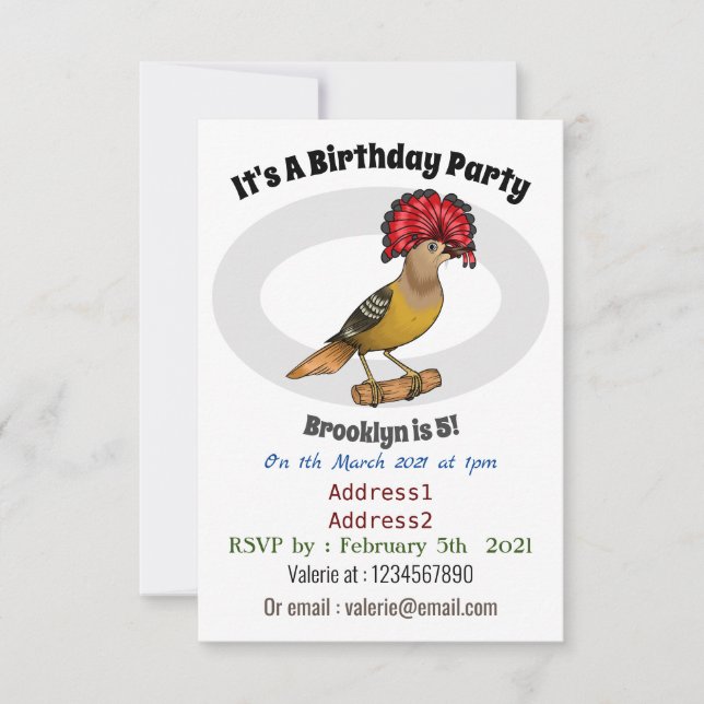 Royal flycatcher bird cartoon illustration invitation (Front)