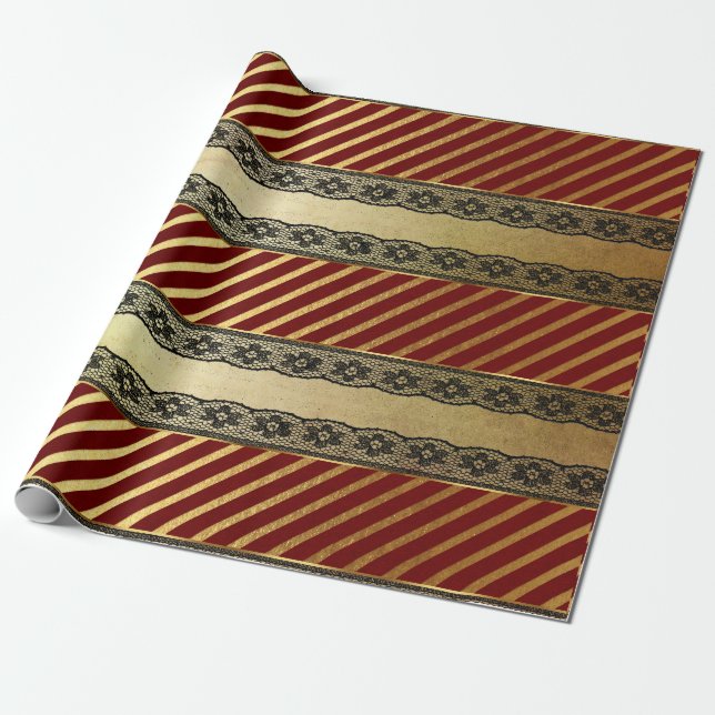 Royal Glam Golden Red Burgundy Lace Vip Wrapping Paper (Unrolled)