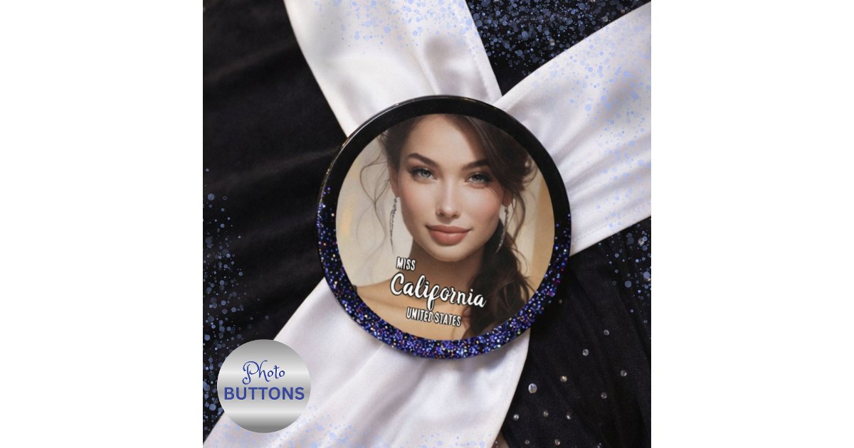Pageant Button Ribbon Royal Glitter Glitz Pageant Photo Button Pin | Zazzle