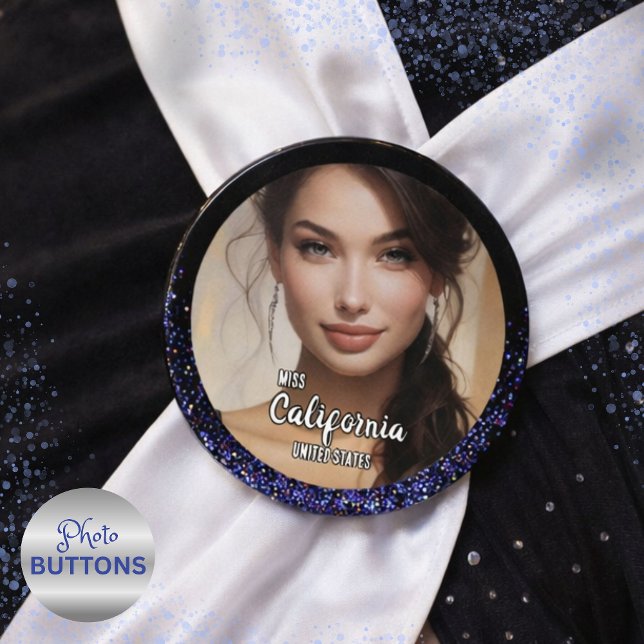 Royal Glitter Glitz Pageant Photo Button Pin (Glow-up with a custom photo button featuring your image and text surrounded by sparkling glitter)