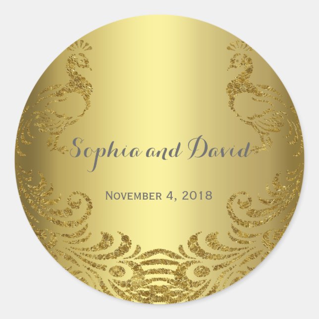 Royal Gold Abstract Peacock Wedding Custom Classic Round Sticker (Front)