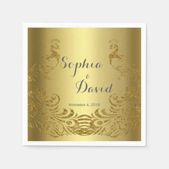Royal Gold Abstract Peacock Wedding Custom Napkins (Front)
