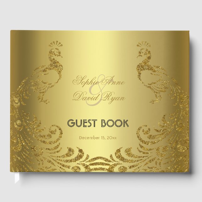 Royal Gold Abstract Peacock Wedding Guest Book (Front)