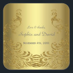 Royal Gold Abstract Peacock Wedding Square Sticker<br><div class="desc">Very Elegant Design featuring Golden background and abstract Gold Sparkling Peacocks for a special wedding event. Personalize with your own information. If you need to move the text, or change the size, font, or color, click Customize It tool. Matching Wedding invitation, Save the Date, RSVP, postage items and more, also,...</div>