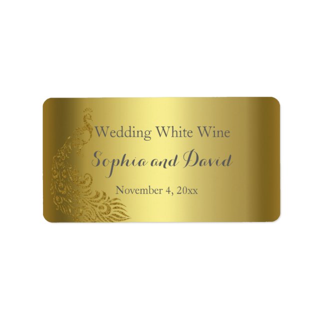 Royal Gold Abstract Peacock Wedding Wine Favor Label (Front)