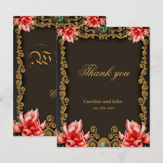 Royal gold and red floral design thank you card (Front/Back)