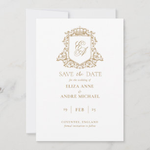 Royal Gold and White Monogram Crest Save The Date