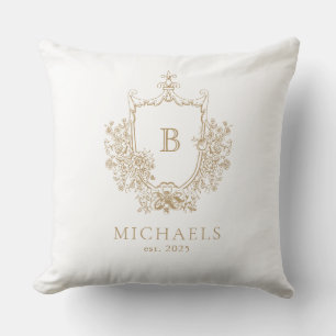Royal Gold and White Monogram Crest Throw Pillow