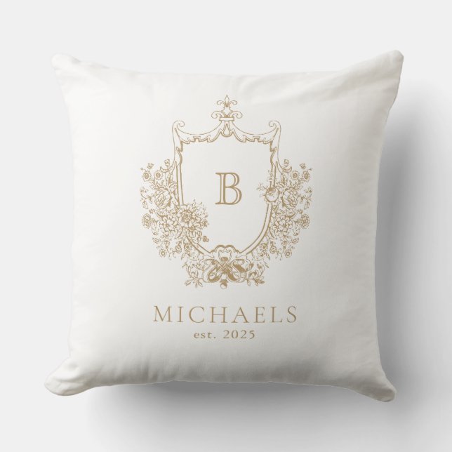 Royal Gold and White Monogram Crest Throw Pillow (Front)