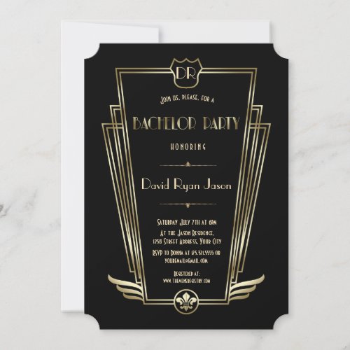 Royal Gold Art Deco Monogram Bachelor Party Invitation