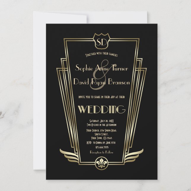 Royal Gold Art Deco Monogram Black Wedding Invite (Front)