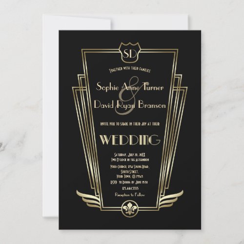 Royal Gold Art Deco Monogram Black Wedding Invite