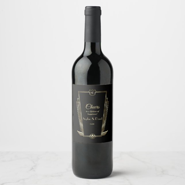 Royal Gold Art Deco Monogram Black Wedding Wine Label (Front)