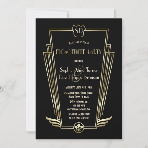 Royal Gold Art Deco Monogram Engagement Party Invitation