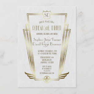 Royal Gold Art Deco Monogram Rehearsal Dinner Invitation