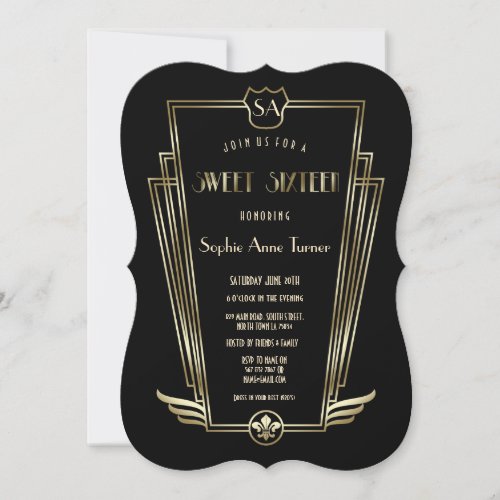 Royal Gold Art Deco Monogram SWEET 16 Invitation