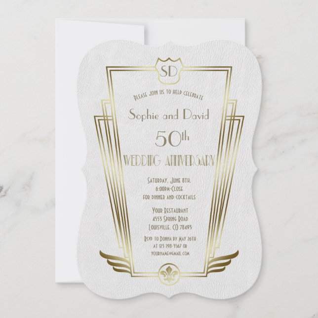 Royal Gold Art Deco Monogram Wedding Anniversary Invitation (Front)