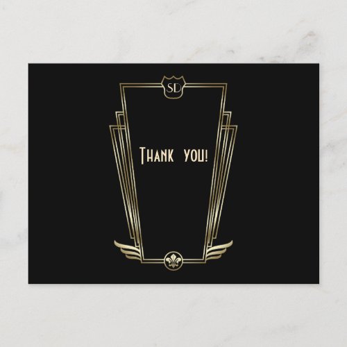 Royal Gold Art Deco Monogram Wedding Thank You Postcard