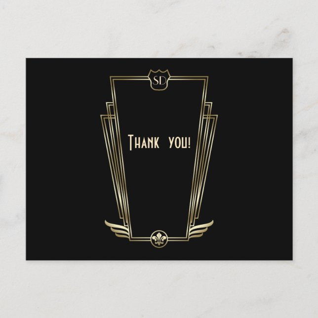 Royal Gold Art Deco Monogram Wedding Thank You Postcard (Front)
