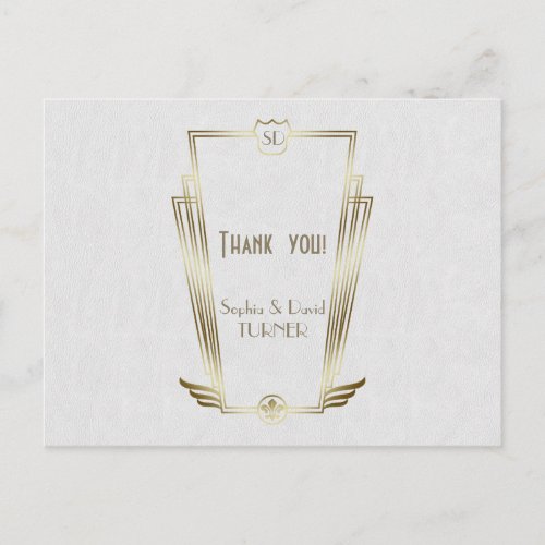 Royal Gold Art Deco Monogram Wedding Thank You Postcard