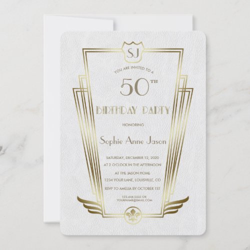 Royal Gold Art Deco Monogram White Birthday Party Invitation