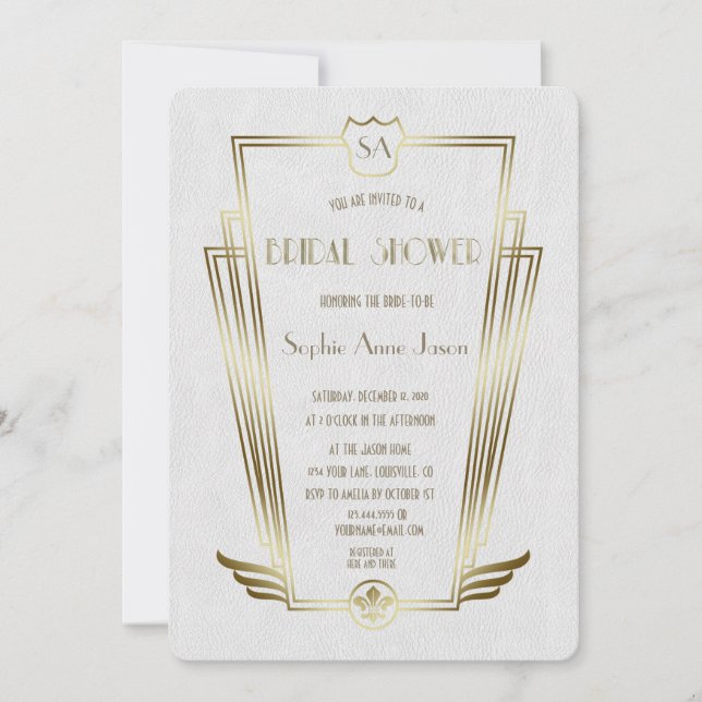 Royal Gold Art Deco Monogram White Bridal Shower Invitation (Front)