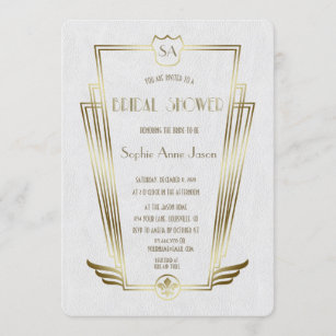 Royal Gold Art Deco Monogram White Bridal Shower Invitation